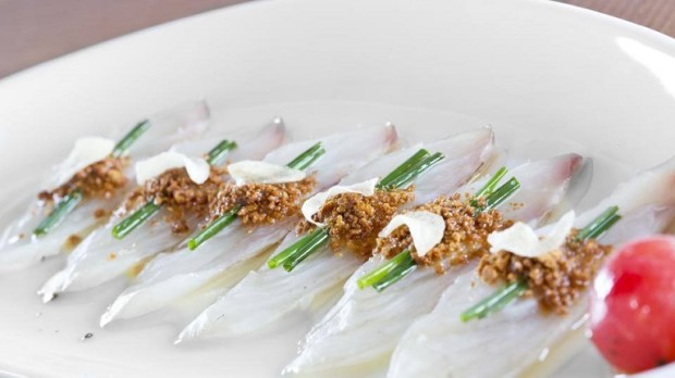 My starter was Seabass Sashimi with dry miso and yuzu juice - photo © Four Seasons Hotel des Bergues Geneva